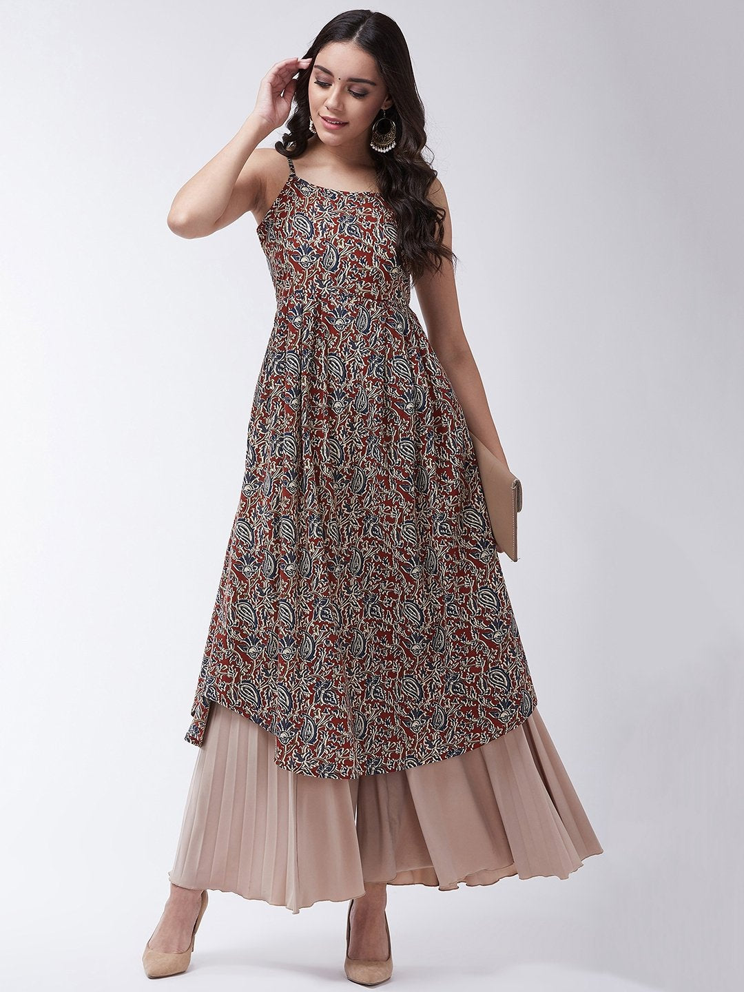 InWeave Women's Maroon Kalamkari Strappy Kurta - Swadesiicart