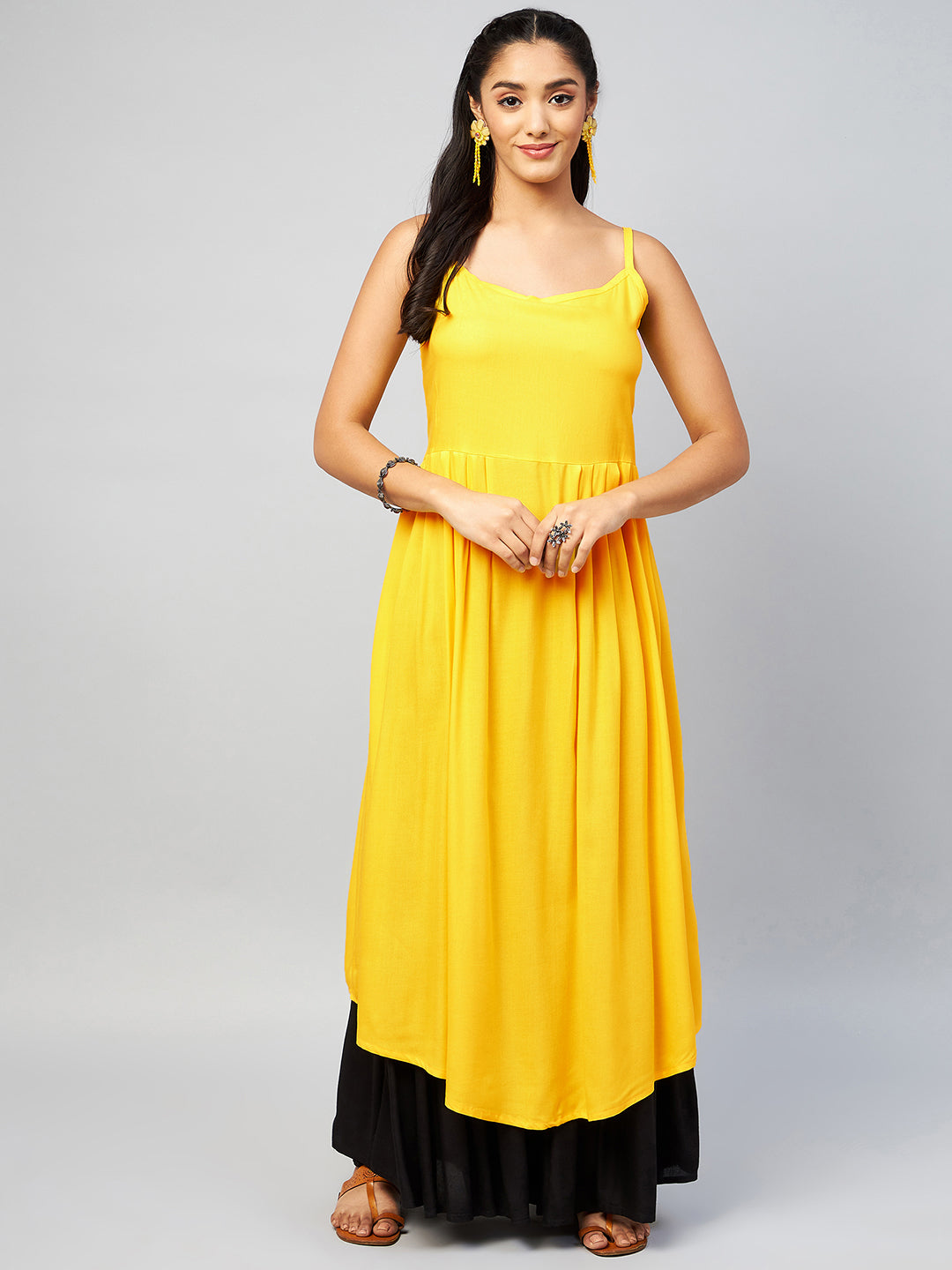 InWeave Women's Solid Yellow Strappy Kurta - Swadesiicart