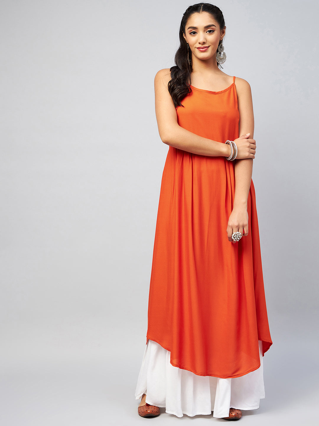 InWeave Women's Solid Orange Strappy Kurta - Swadesiicart