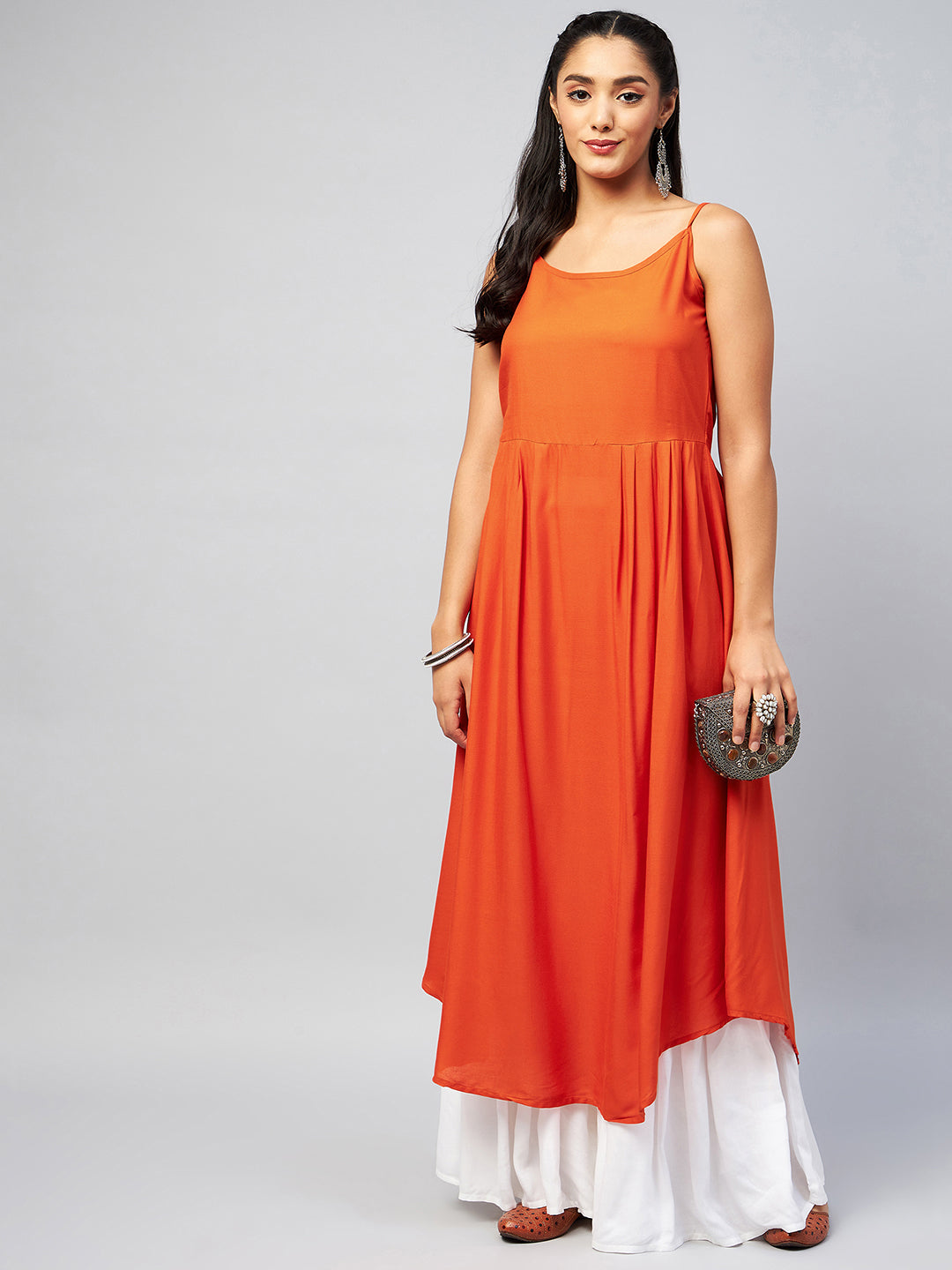 InWeave Women's Solid Orange Strappy Kurta - Swadesiicart