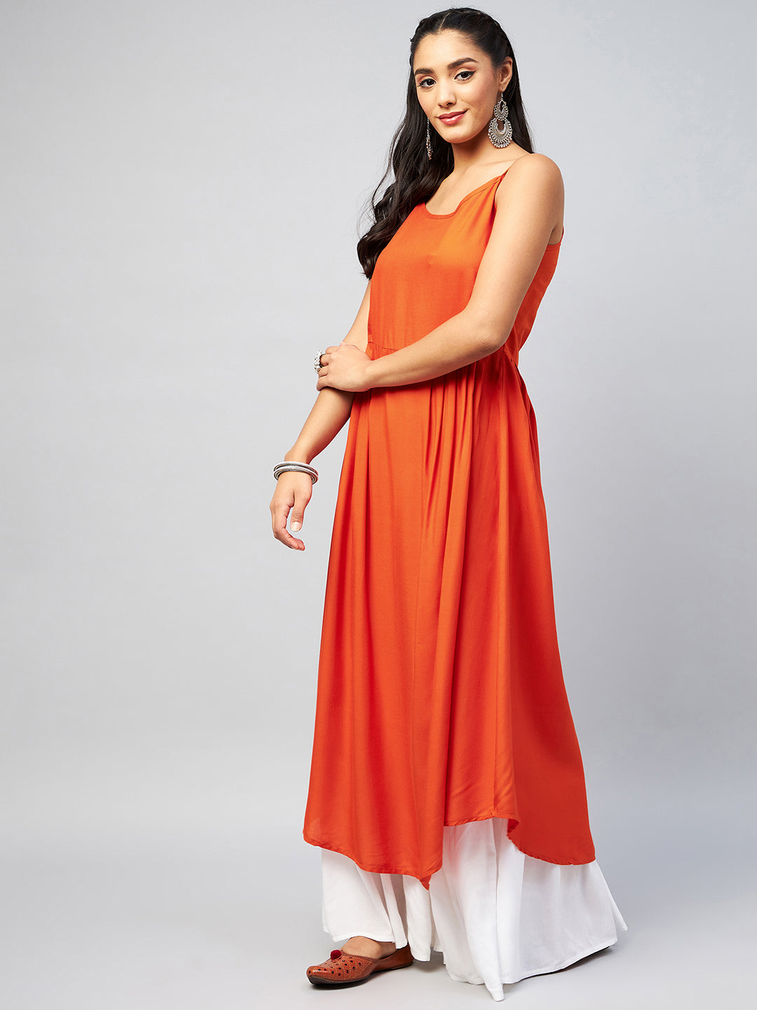 InWeave Women's Solid Orange Strappy Kurta - Swadesiicart