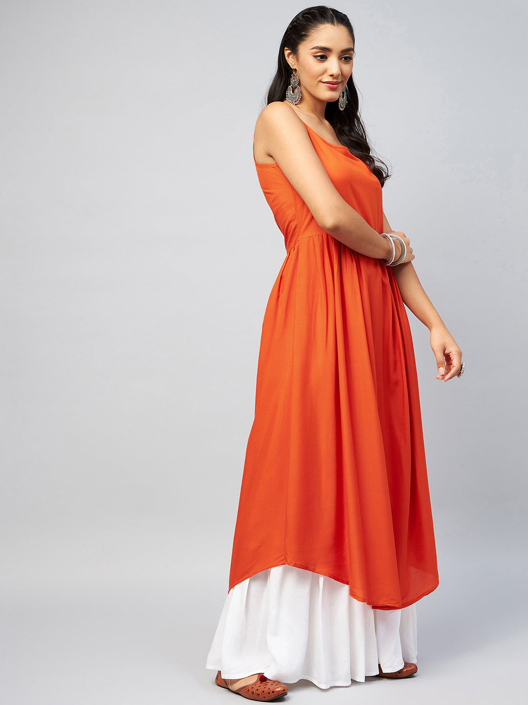 InWeave Women's Solid Orange Strappy Kurta - Swadesiicart
