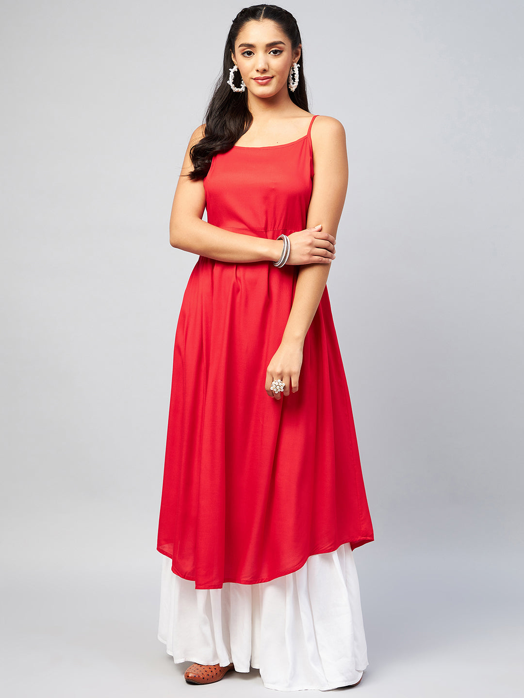 InWeave Women's Solid Red Strappy Kurta - Swadesiicart