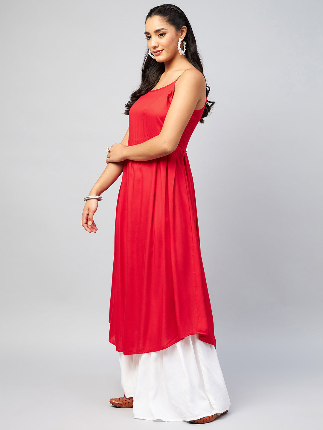 InWeave Women's Solid Red Strappy Kurta - Swadesiicart