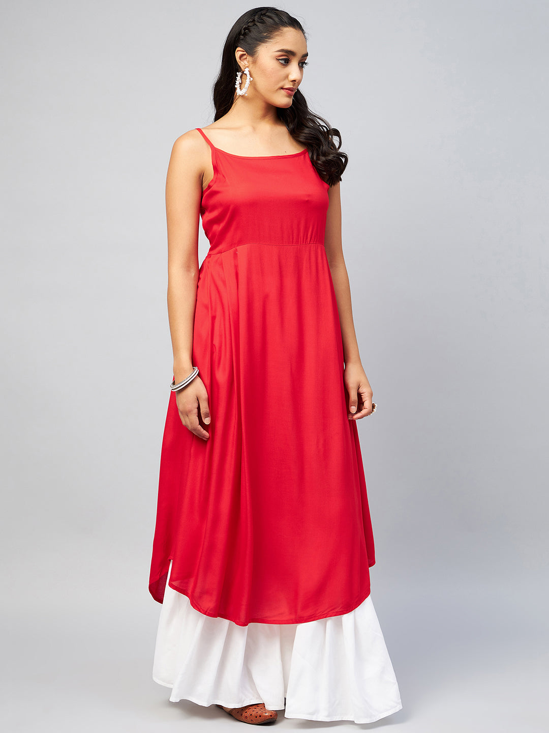 InWeave Women's Solid Red Strappy Kurta - Swadesiicart