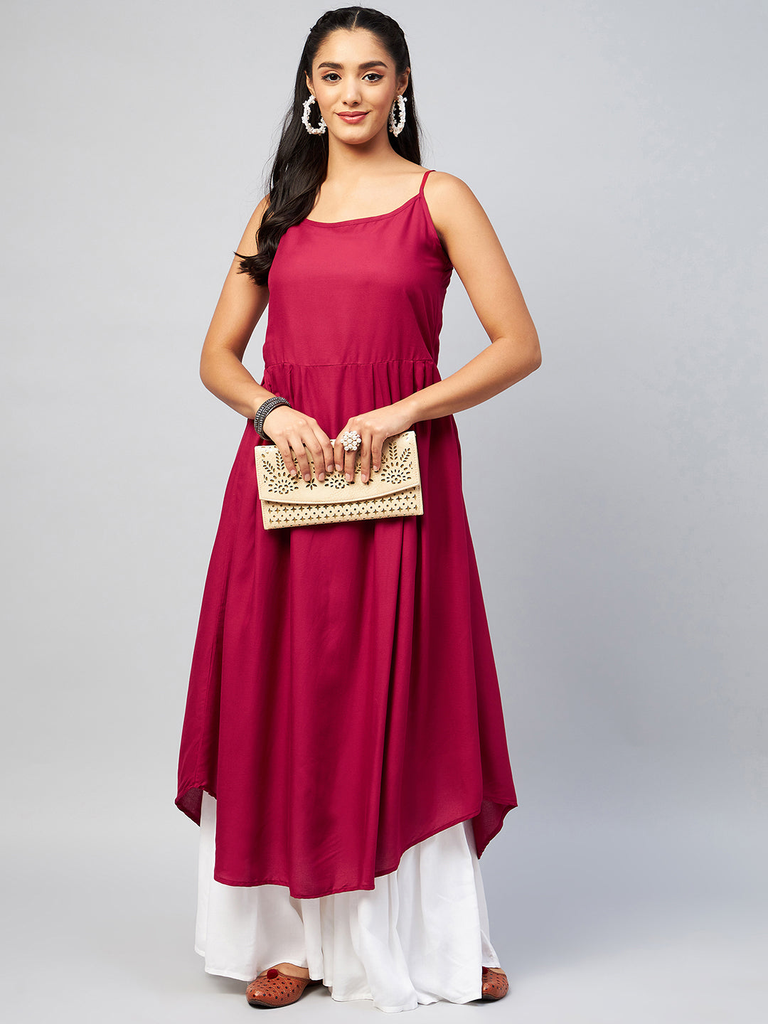 InWeave Women's Solid Maroon Strappy Kurta - Swadesiicart