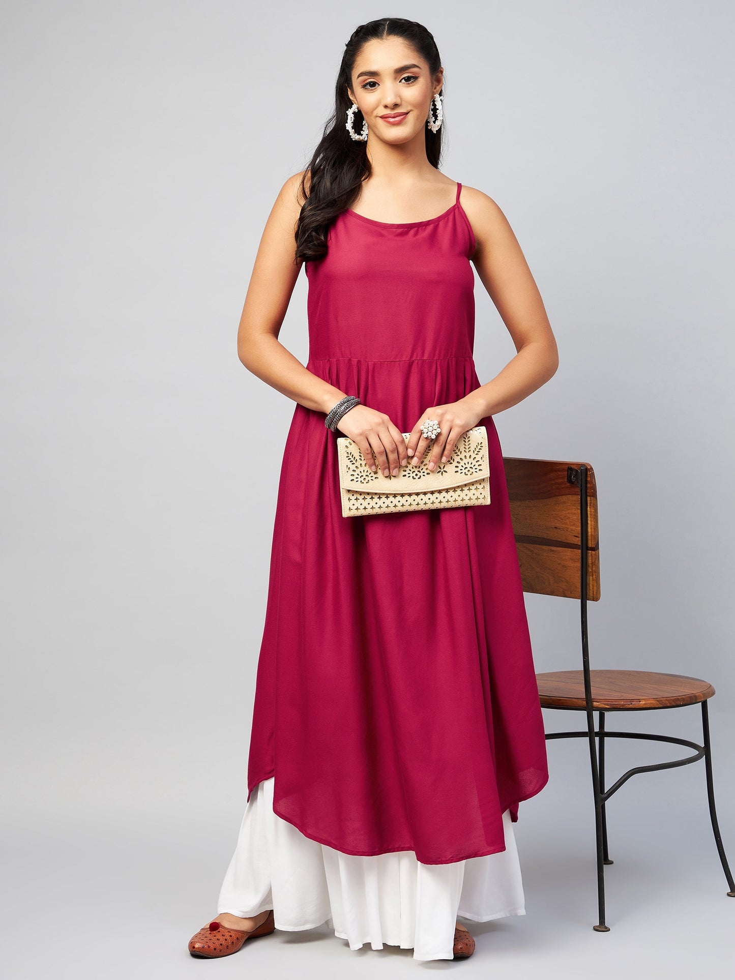 InWeave Women's Solid Maroon Strappy Kurta - Swadesiicart