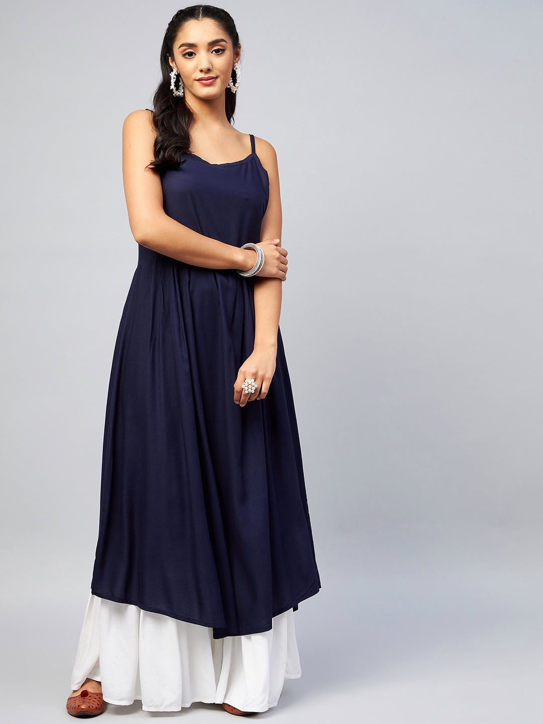 InWeave Women's Navy Blue Strappy Kurta - Swadesiicart