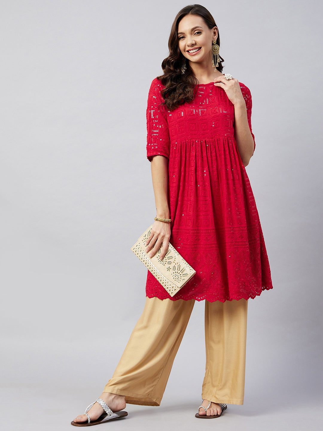InWeave Women's Ruby Red Chikankari Anarkali Kurta - Swadesiicart