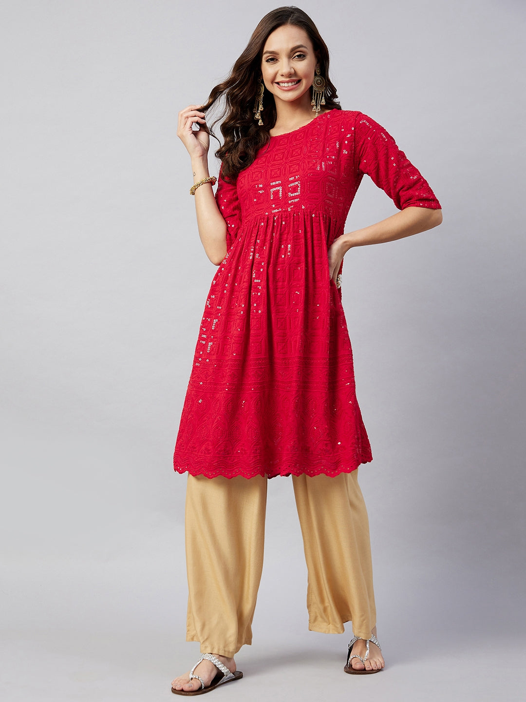 InWeave Women's Ruby Red Chikankari Anarkali Kurta - Swadesiicart