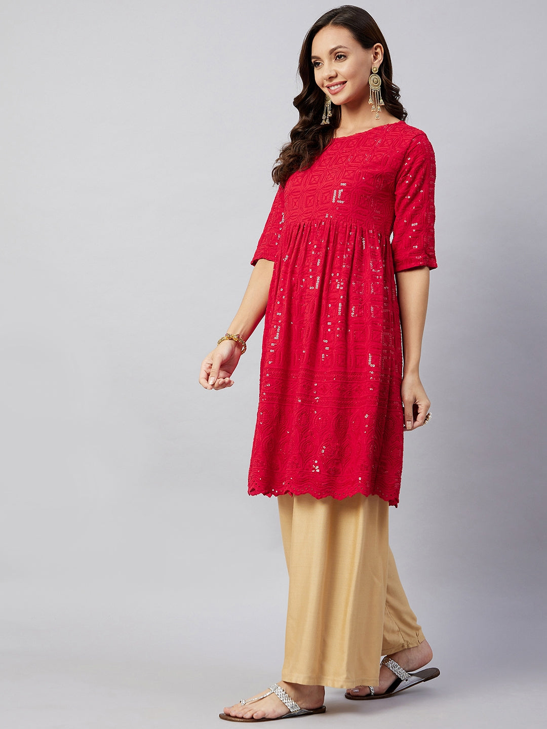 InWeave Women's Ruby Red Chikankari Anarkali Kurta - Swadesiicart