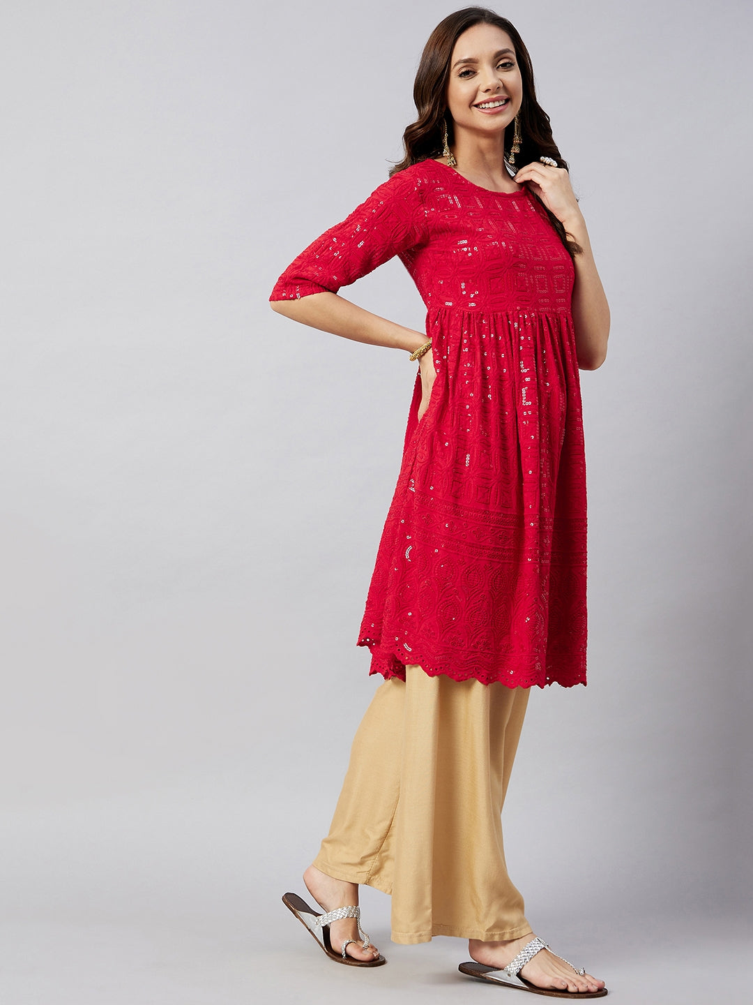 InWeave Women's Ruby Red Chikankari Anarkali Kurta - Swadesiicart