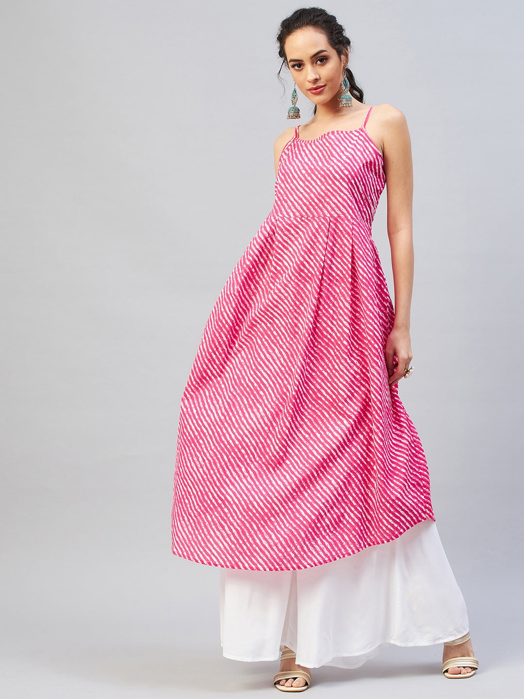 InWeave Women's Pink Lehriya Strappy Kurta - Swadesiicart