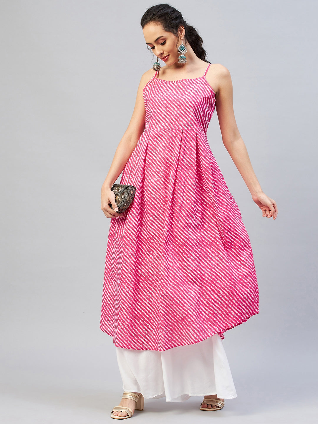 InWeave Women's Pink Lehriya Strappy Kurta - Swadesiicart
