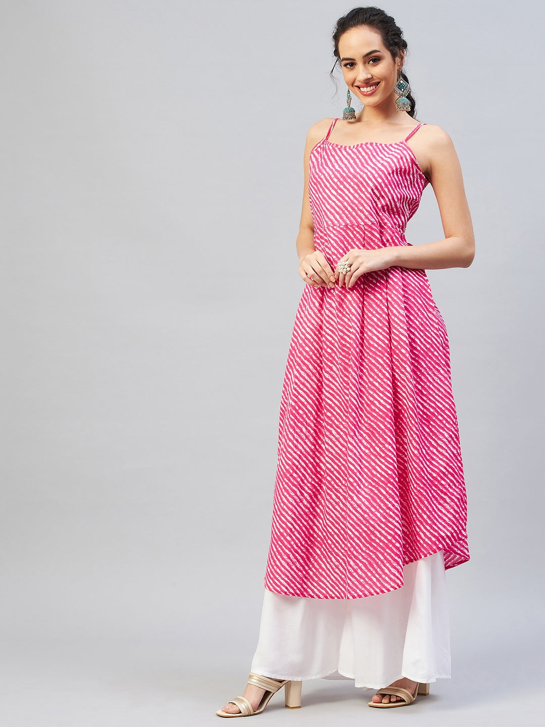 InWeave Women's Pink Lehriya Strappy Kurta - Swadesiicart