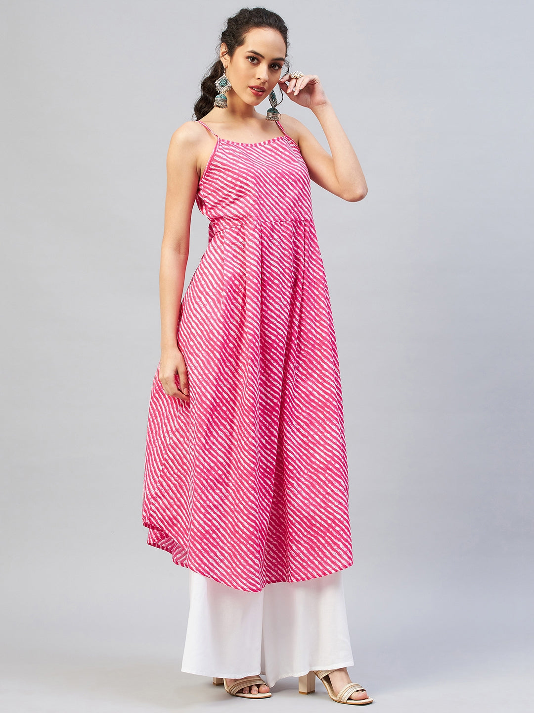InWeave Women's Pink Lehriya Strappy Kurta - Swadesiicart