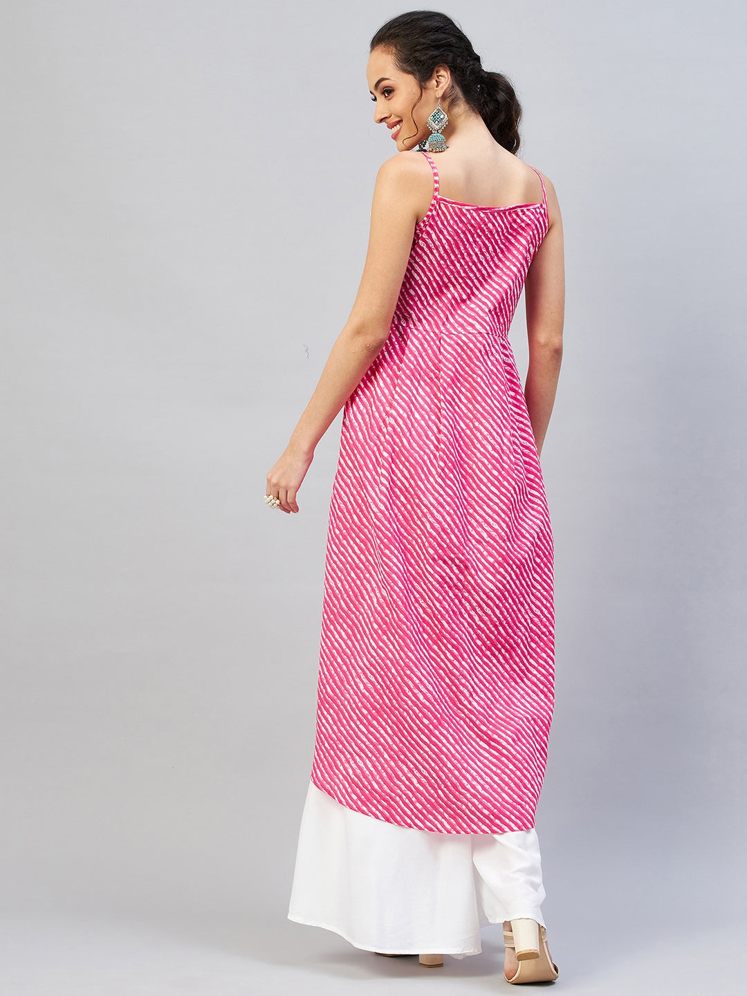 InWeave Women's Pink Lehriya Strappy Kurta - Swadesiicart