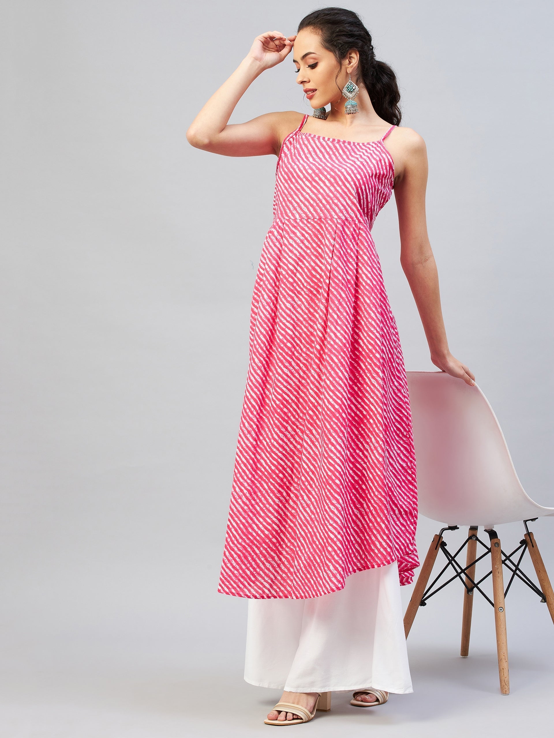 InWeave Women's Pink Lehriya Strappy Kurta - Swadesiicart