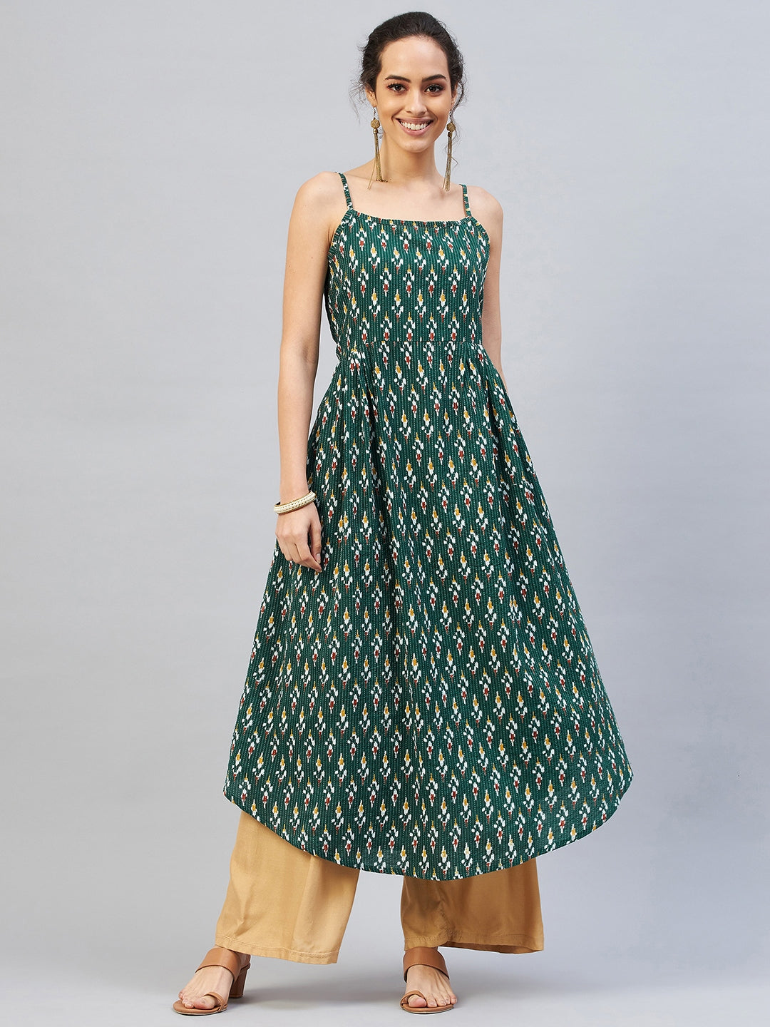 InWeave Women's Green Kantha Ikkat Strappy Kurta - Swadesiicart
