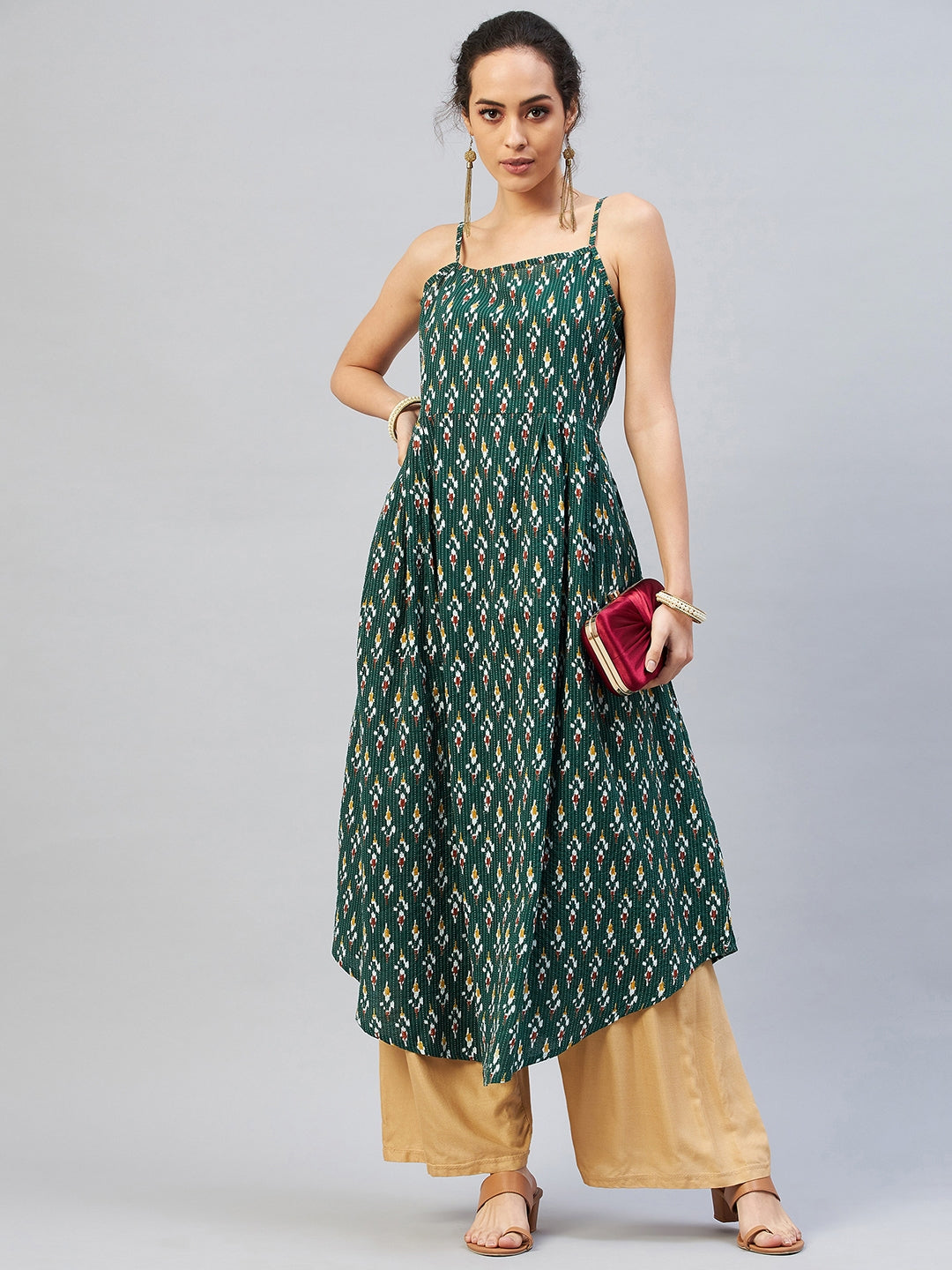 InWeave Women's Green Kantha Ikkat Strappy Kurta - Swadesiicart