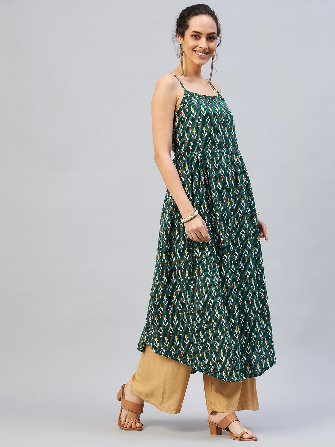 InWeave Women's Green Kantha Ikkat Strappy Kurta - Swadesiicart