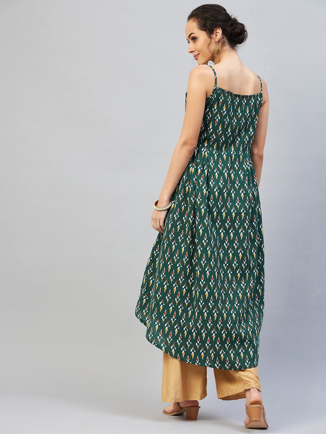 InWeave Women's Green Kantha Ikkat Strappy Kurta - Swadesiicart