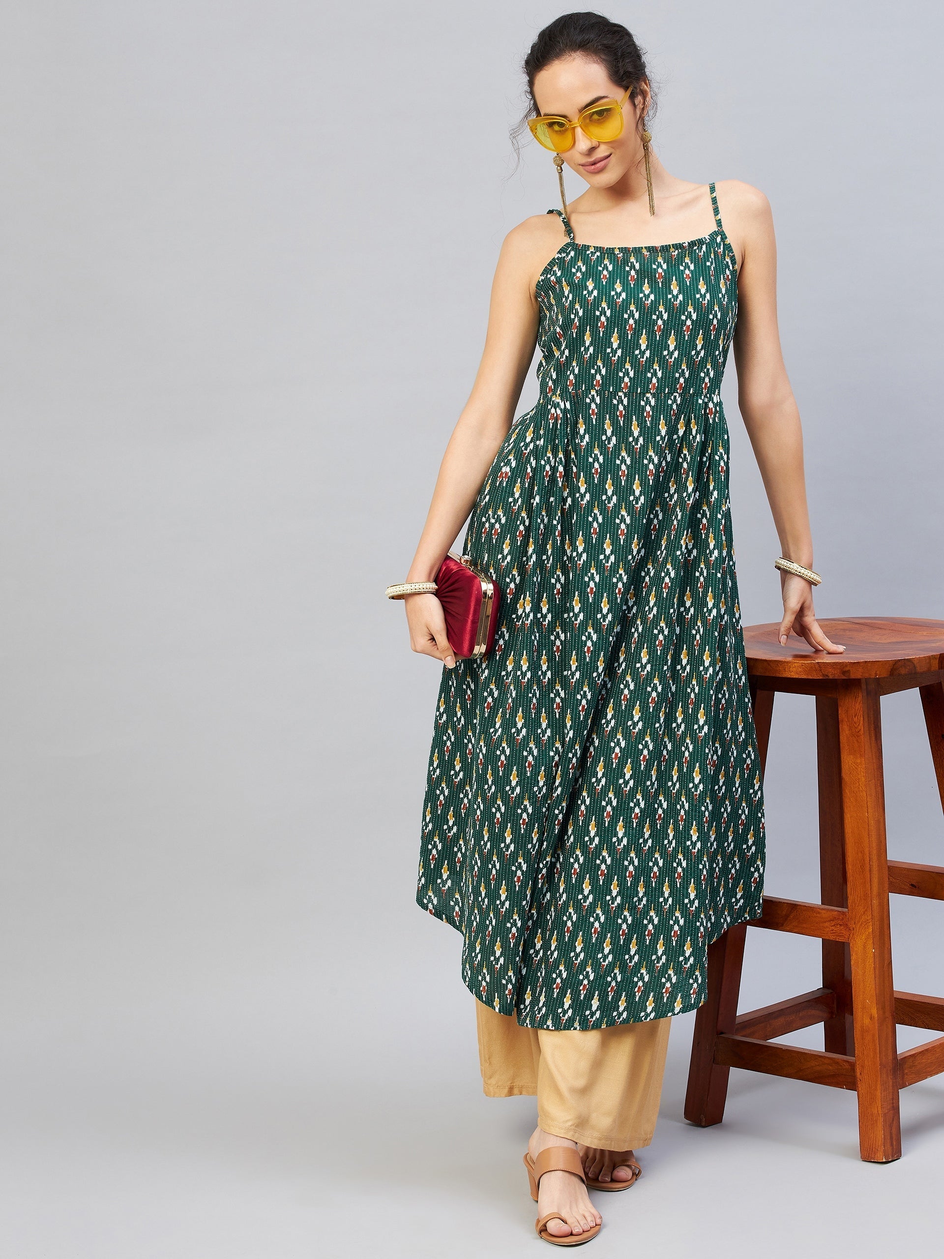 InWeave Women's Green Kantha Ikkat Strappy Kurta - Swadesiicart