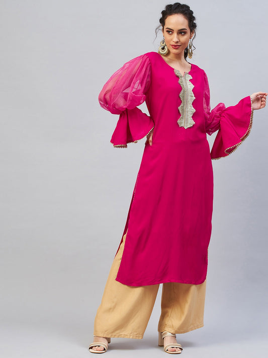 InWeave Women's Fuschia Organza Sleeve Gota Work Kurta - Swadesiicart