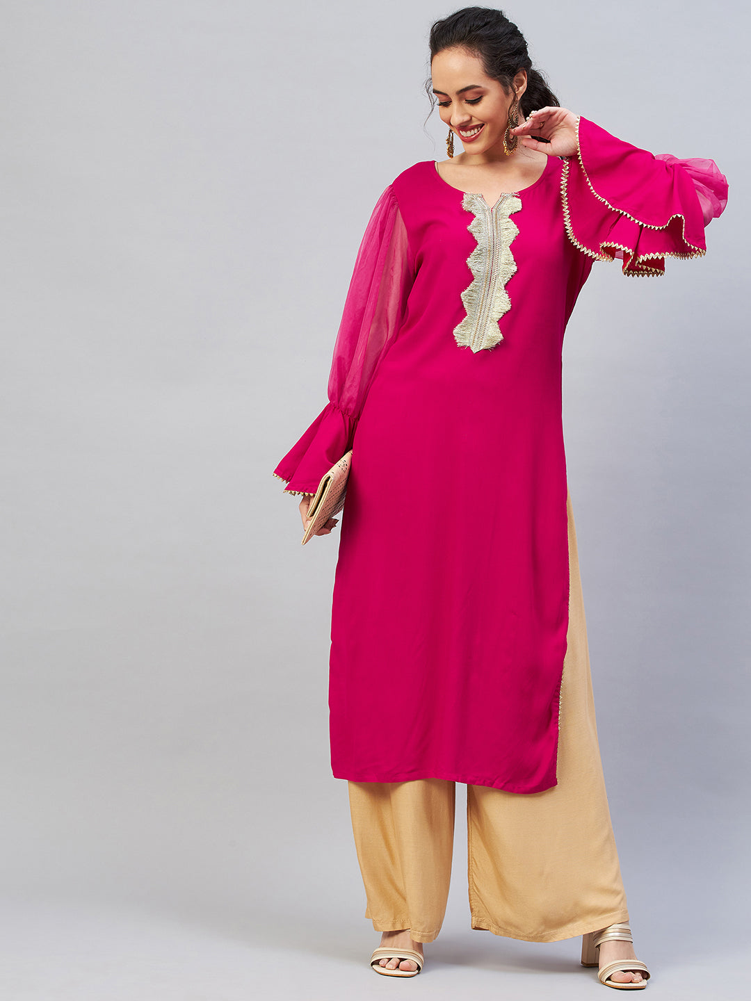 InWeave Women's Fuschia Organza Sleeve Gota Work Kurta - Swadesiicart