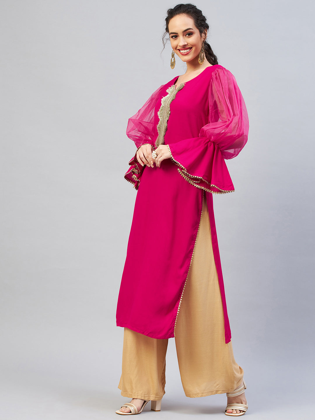 InWeave Women's Fuschia Organza Sleeve Gota Work Kurta - Swadesiicart