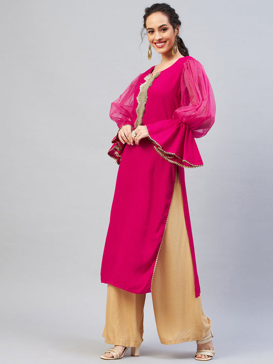 InWeave Women's Fuschia Organza Sleeve Gota Work Kurta - Swadesiicart