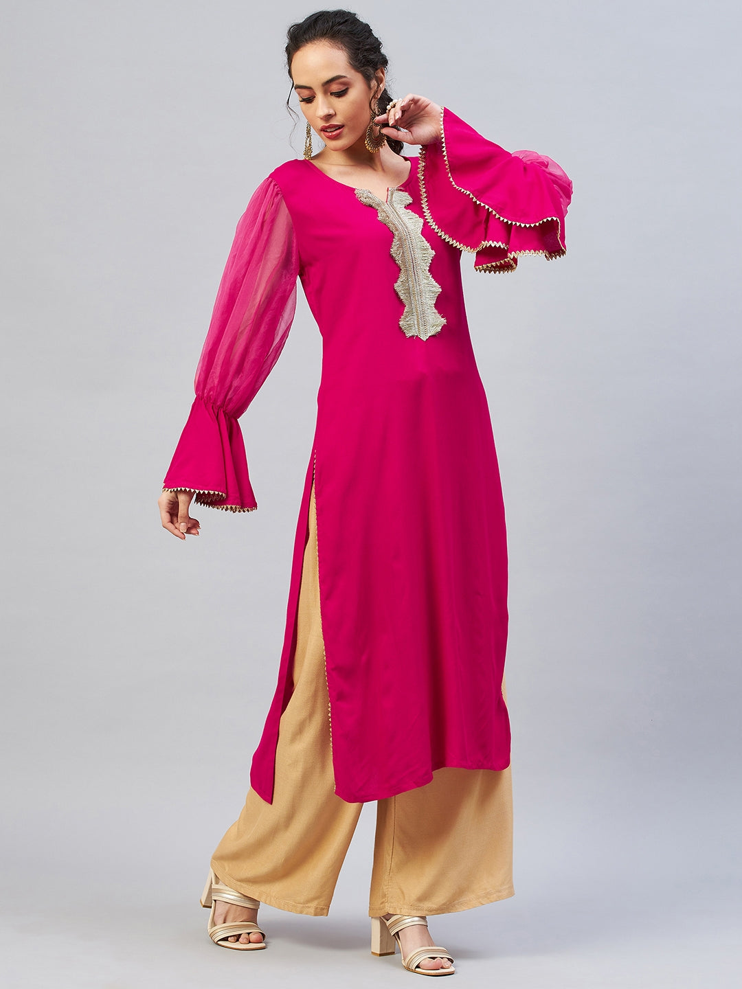 InWeave Women's Fuschia Organza Sleeve Gota Work Kurta - Swadesiicart