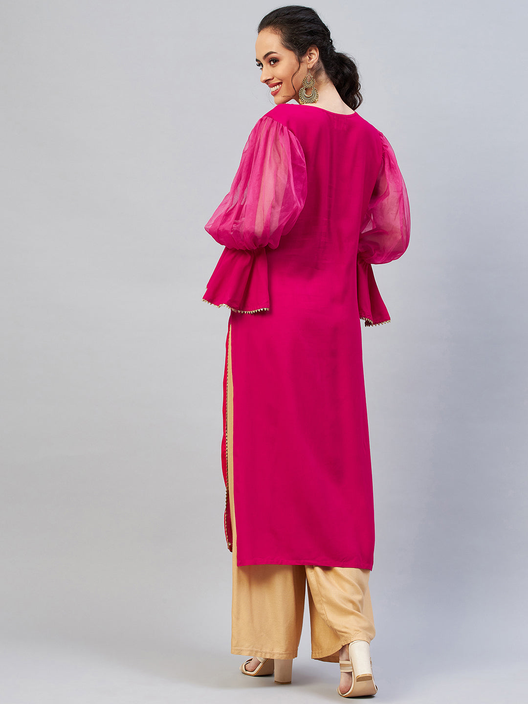 InWeave Women's Fuschia Organza Sleeve Gota Work Kurta - Swadesiicart