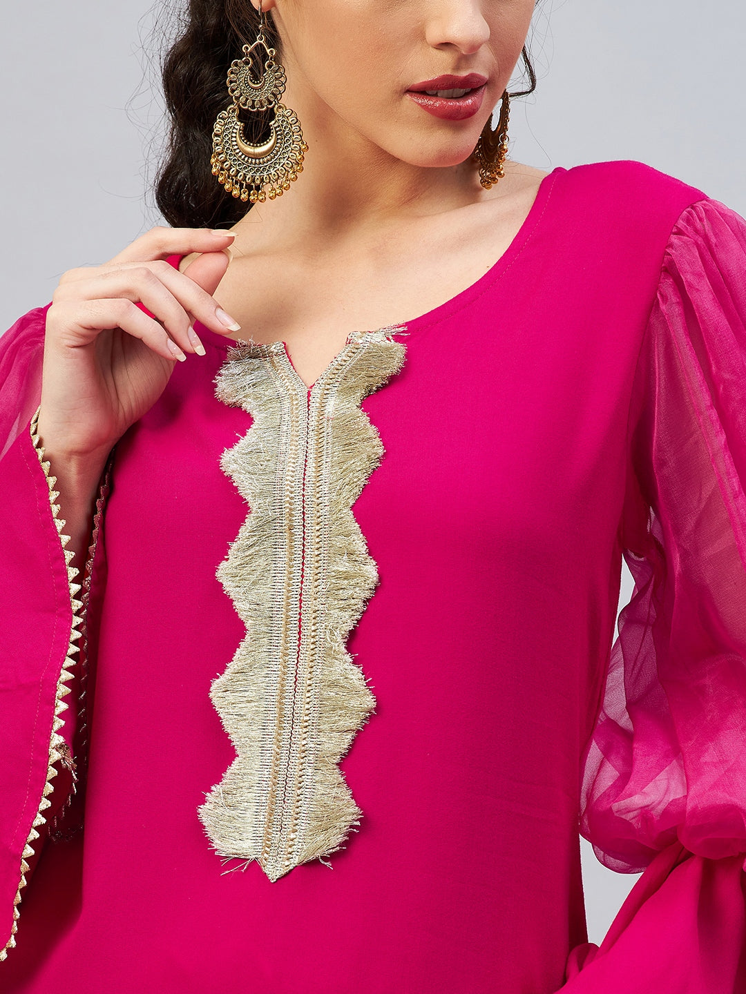 InWeave Women's Fuschia Organza Sleeve Gota Work Kurta - Swadesiicart