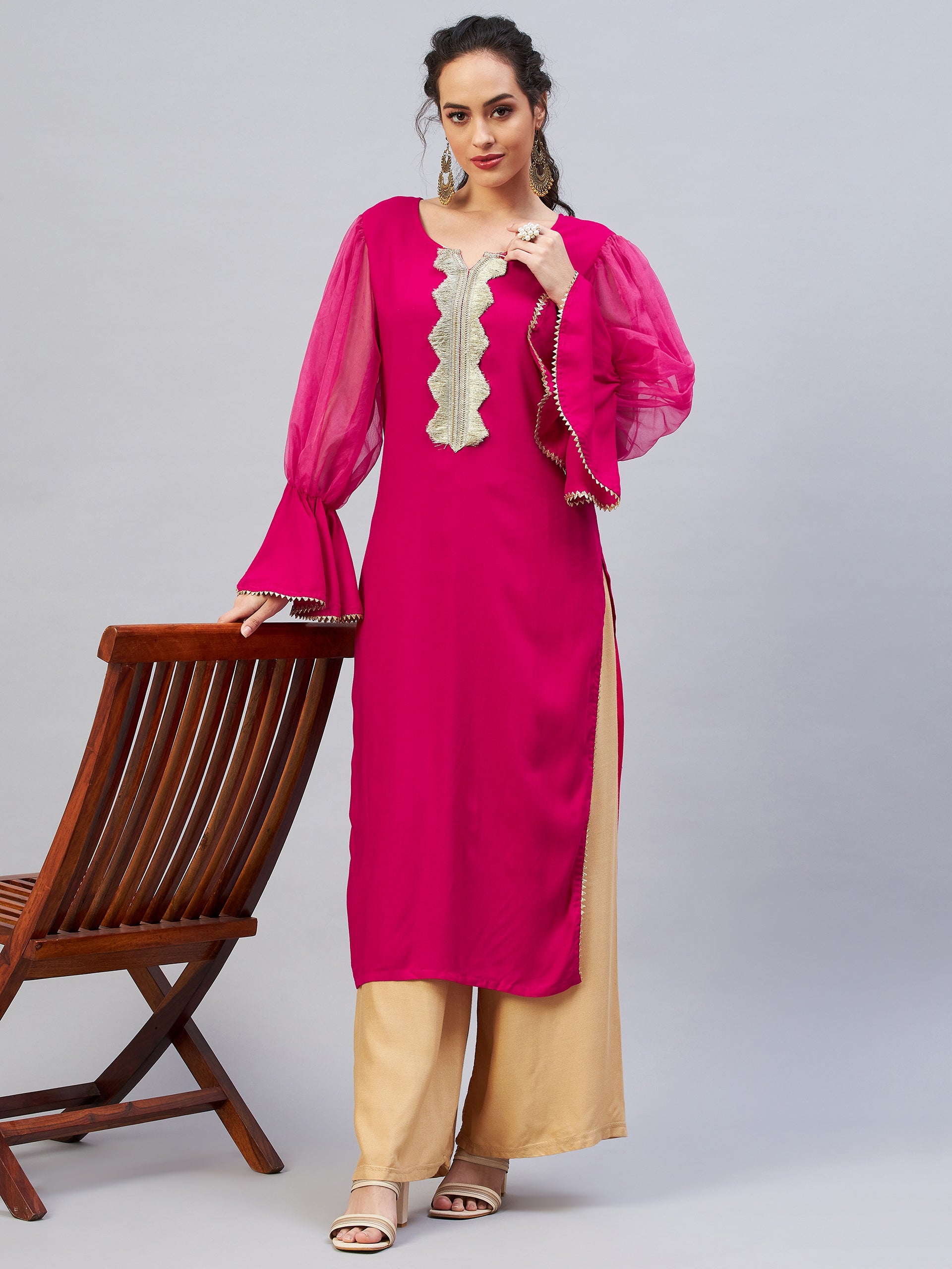 InWeave Women's Fuschia Organza Sleeve Gota Work Kurta - Swadesiicart