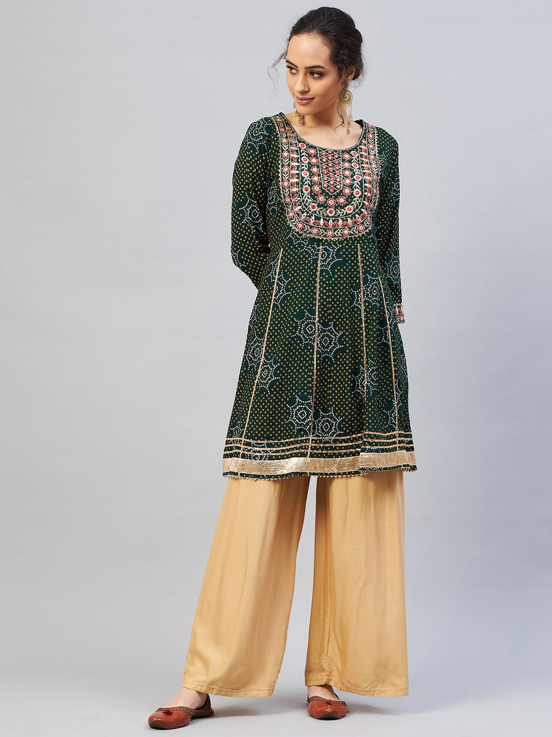 InWeave Women's Green Gota Mirror Work Kurta - Swadesiicart