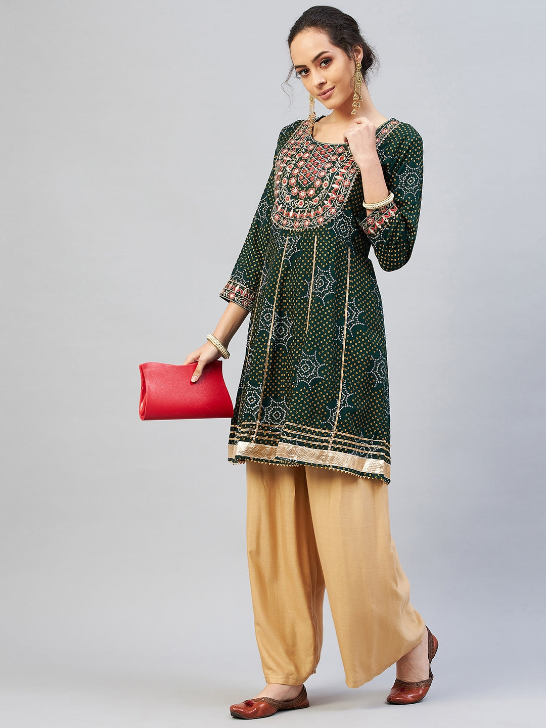 InWeave Women's Green Gota Mirror Work Kurta - Swadesiicart