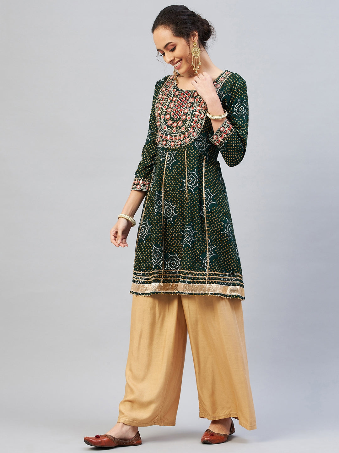 InWeave Women's Green Gota Mirror Work Kurta - Swadesiicart