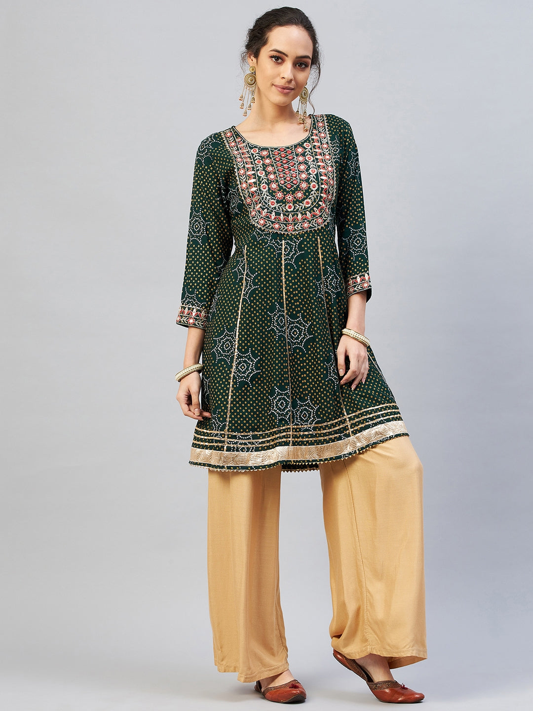 InWeave Women's Green Gota Mirror Work Kurta - Swadesiicart