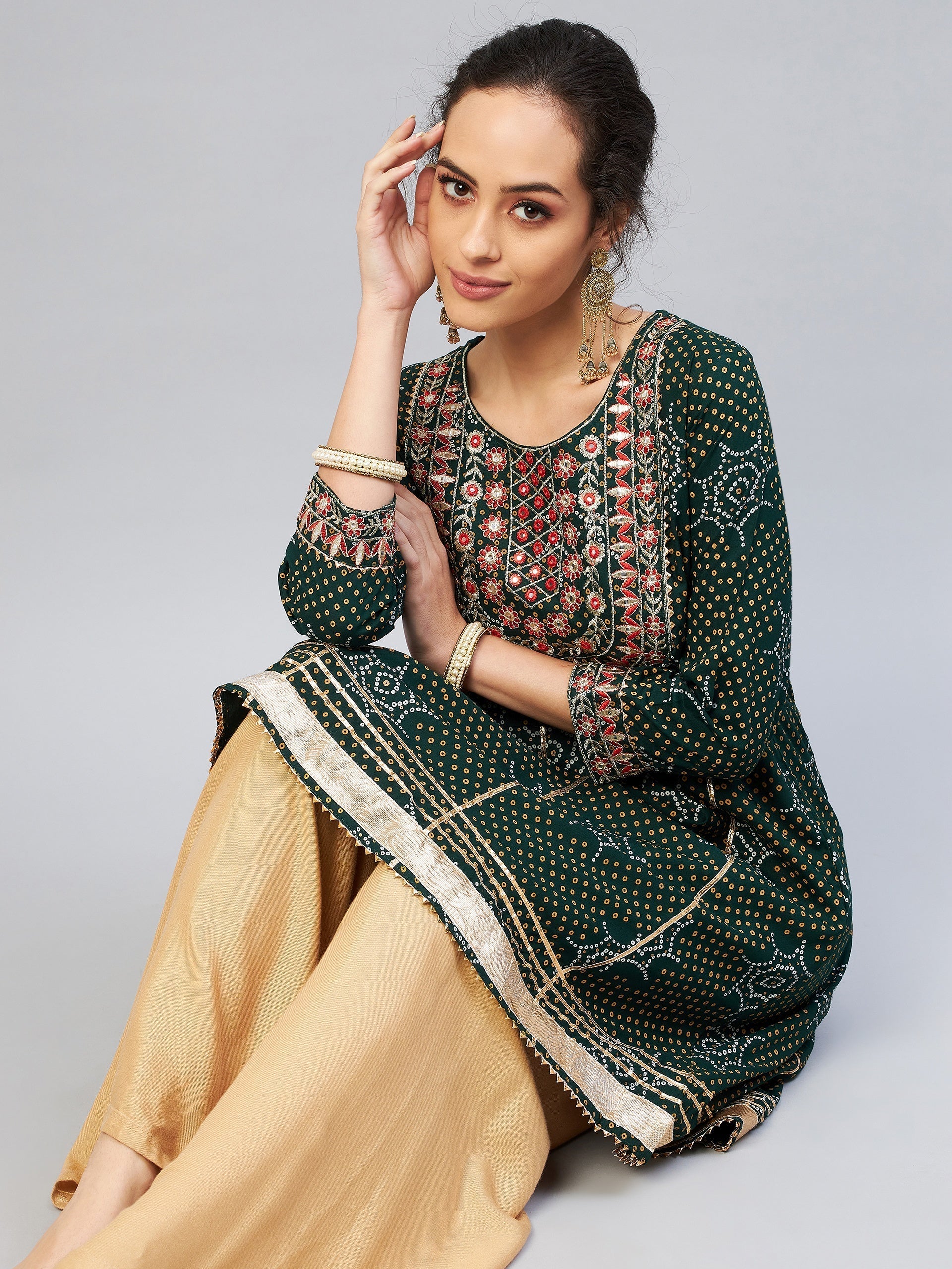 InWeave Women's Green Gota Mirror Work Kurta - Swadesiicart