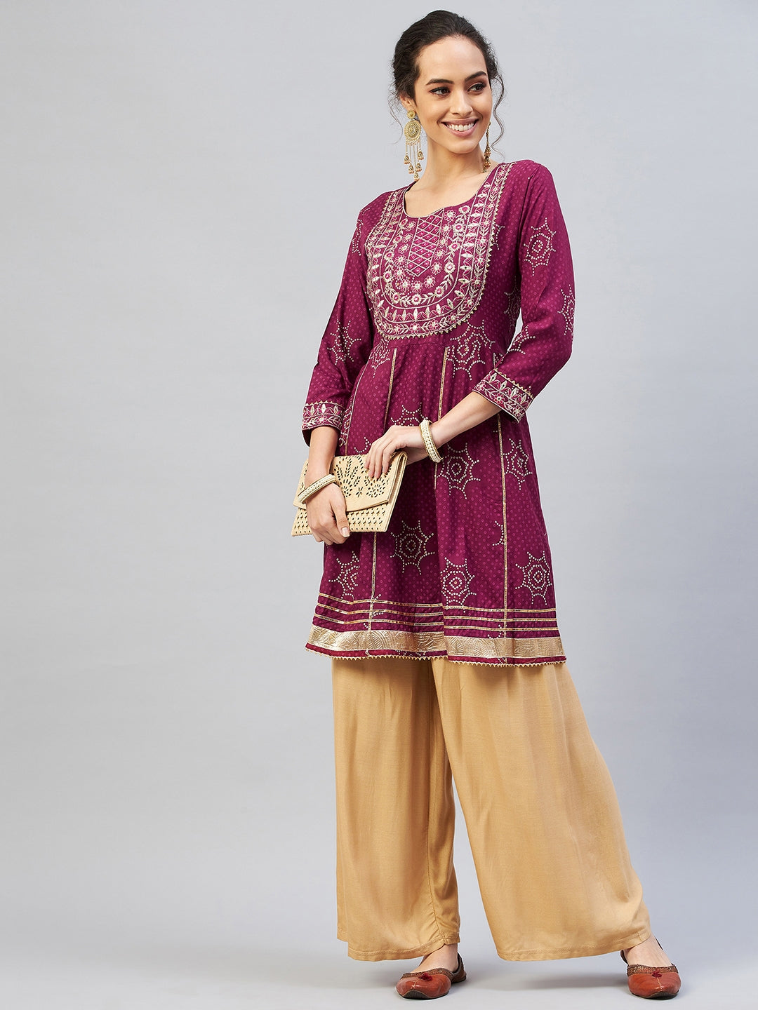 InWeave Women's Wine Gota Mirror Kurta - Swadesiicart