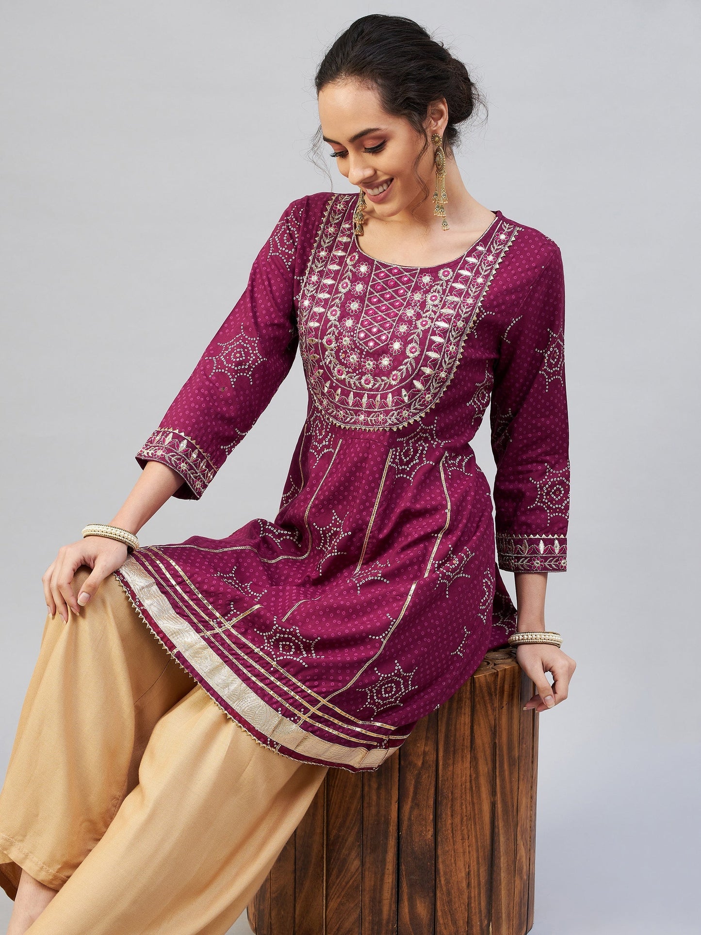 InWeave Women's Wine Gota Mirror Kurta - Swadesiicart