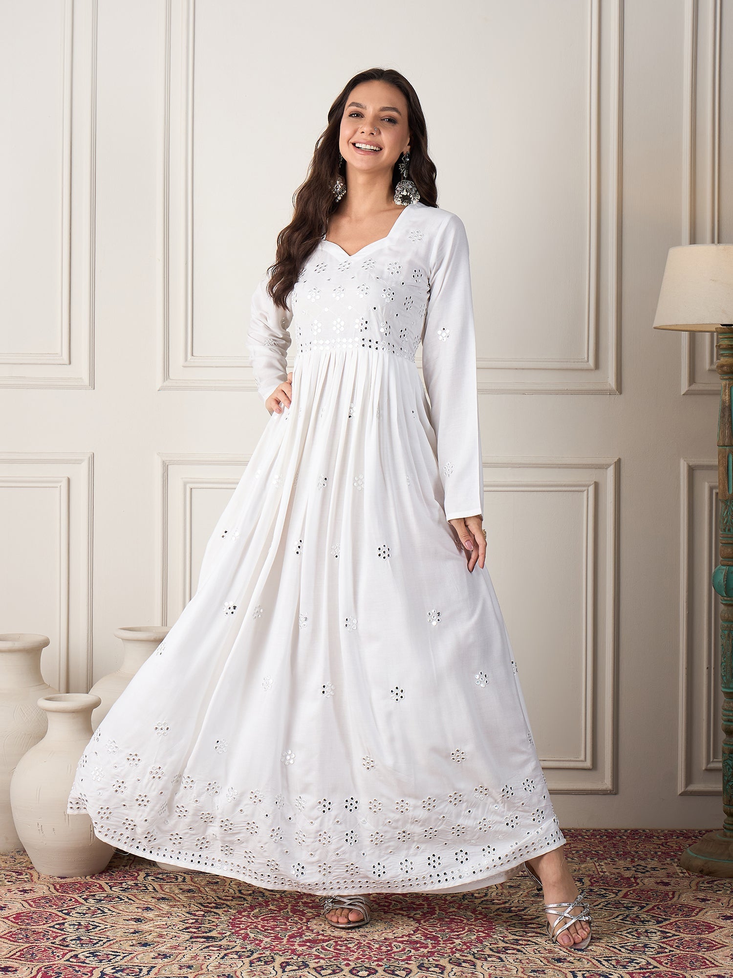 InWeave White Mirror Work Long Anarkali Kurta - Swadesiicart