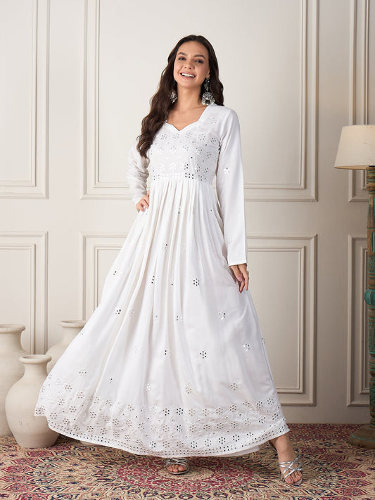 InWeave White Mirror Work Long Anarkali Kurta - Swadesiicart
