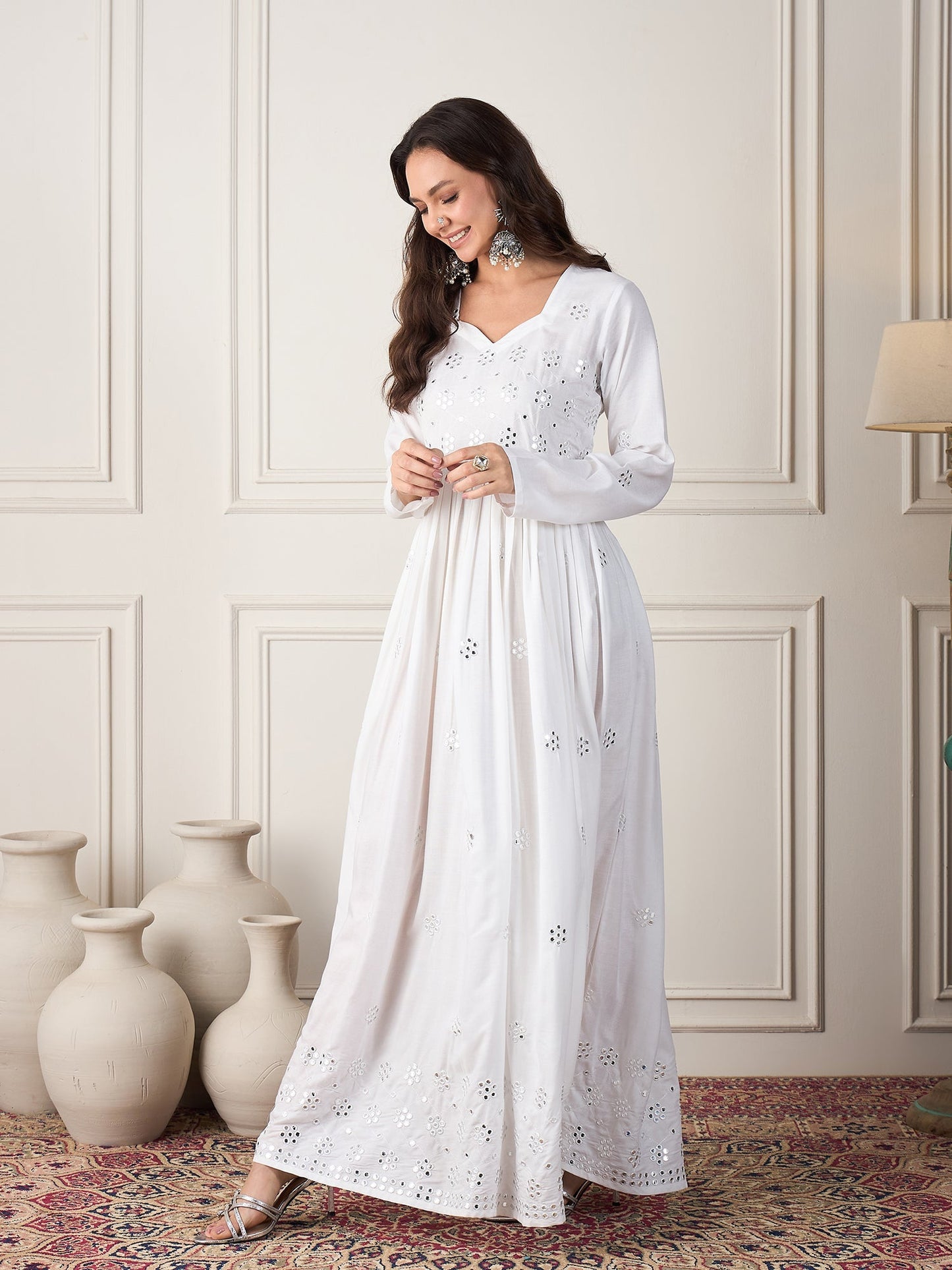 InWeave White Mirror Work Long Anarkali Kurta - Swadesiicart