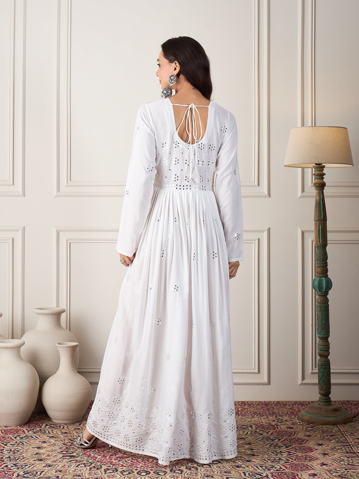 InWeave White Mirror Work Long Anarkali Kurta - Swadesiicart