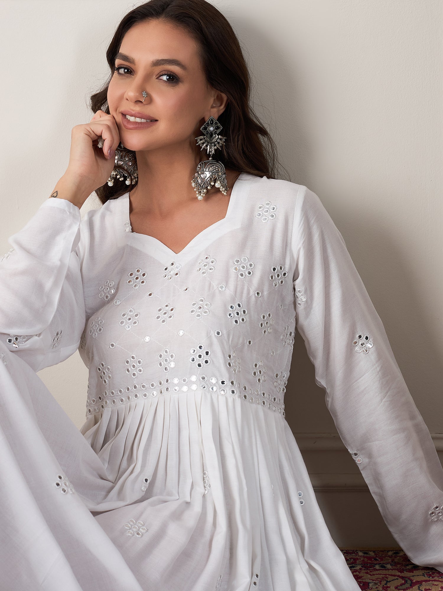 InWeave White Mirror Work Long Anarkali Kurta - Swadesiicart