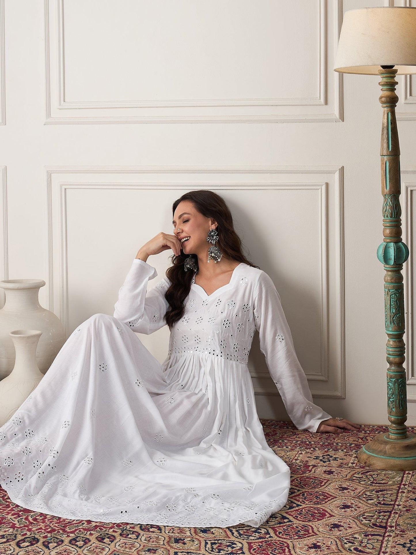 InWeave White Mirror Work Long Anarkali Kurta - Swadesiicart