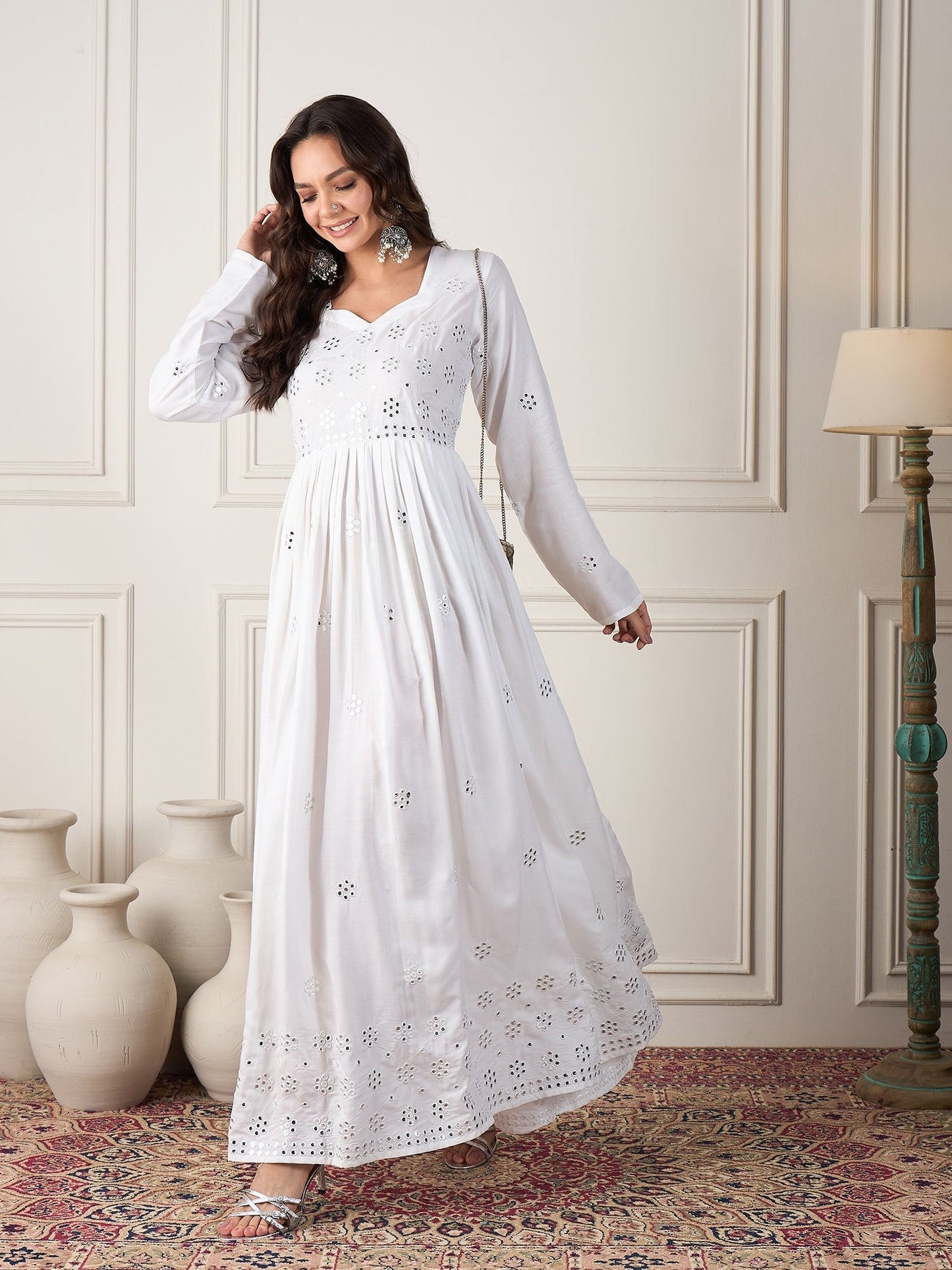 InWeave White Mirror Work Long Anarkali Kurta - Swadesiicart
