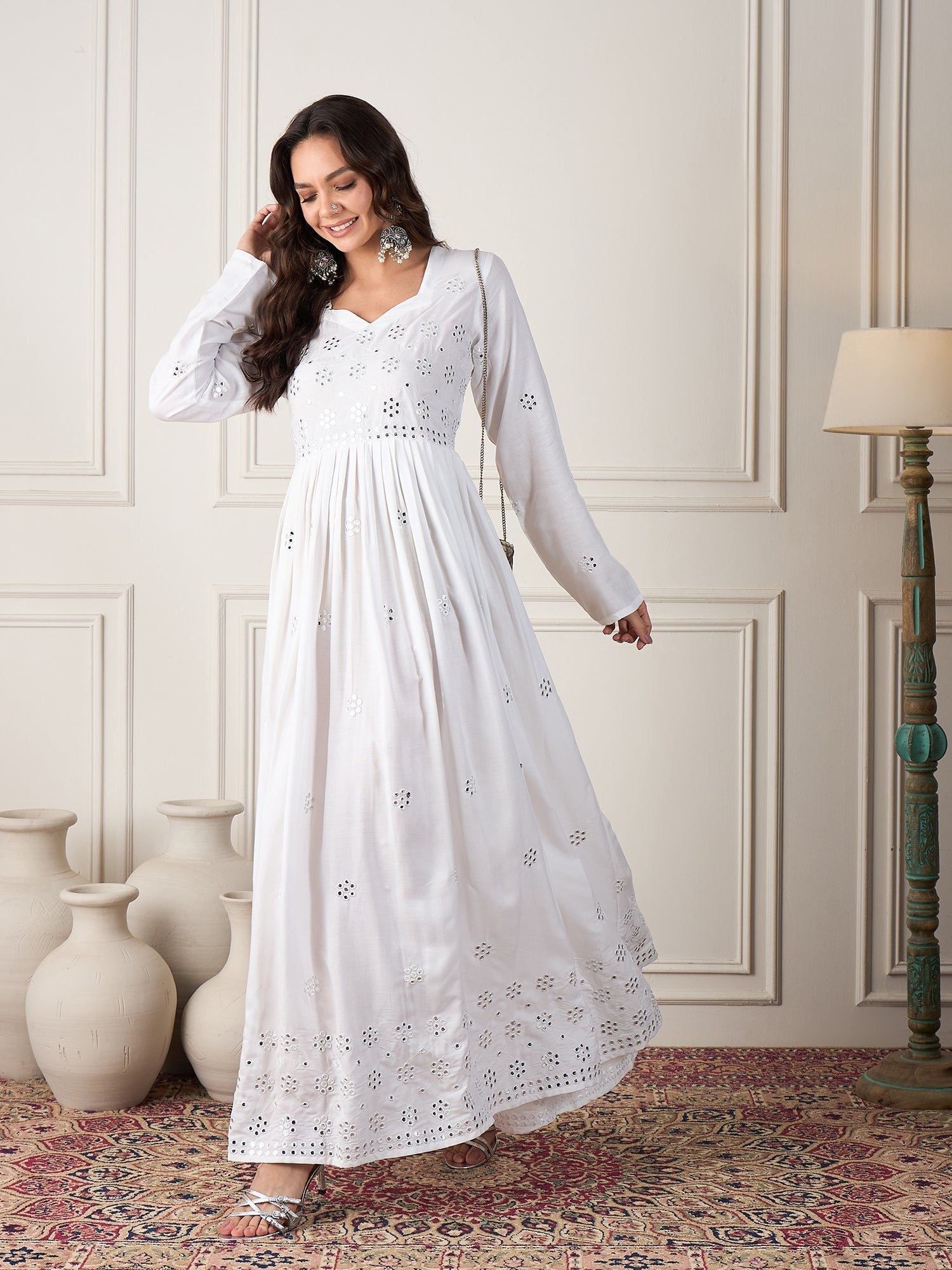 InWeave White Mirror Work Long Anarkali Kurta - Swadesiicart